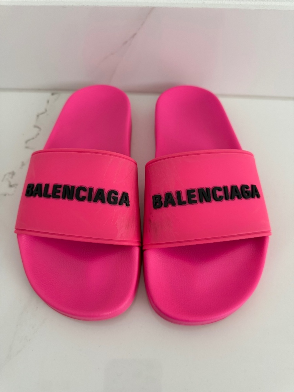 Balenciaga Pool Slides Hot Pink Black Logo Size 8 EU 38